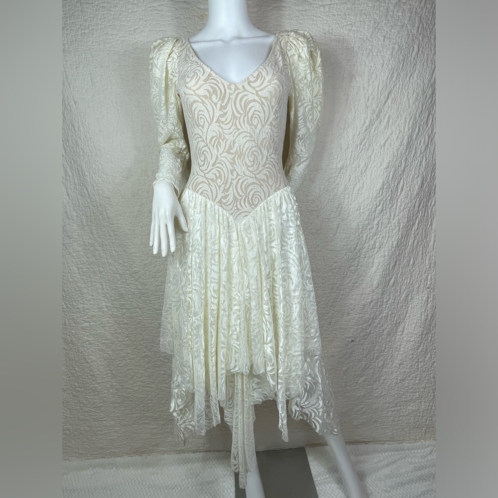🔥Vtg 80s-90s TD4 by Electra Tan Ivory Puff Long Sleeve Handkerchief Fairy Dress